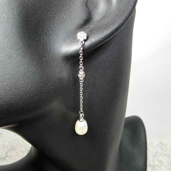White Rhodium Plated Swarovski Crystal Accented & 7mm Freshwater Pearl Drops - Picture 1 of 3
